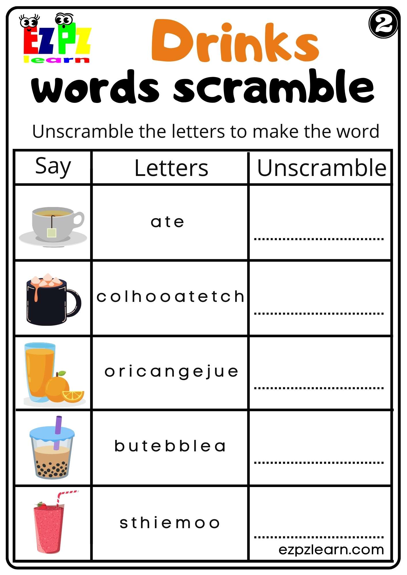 Drinks Word Scramble Worksheet for Kids K5 and ESL PDF Download Set 2